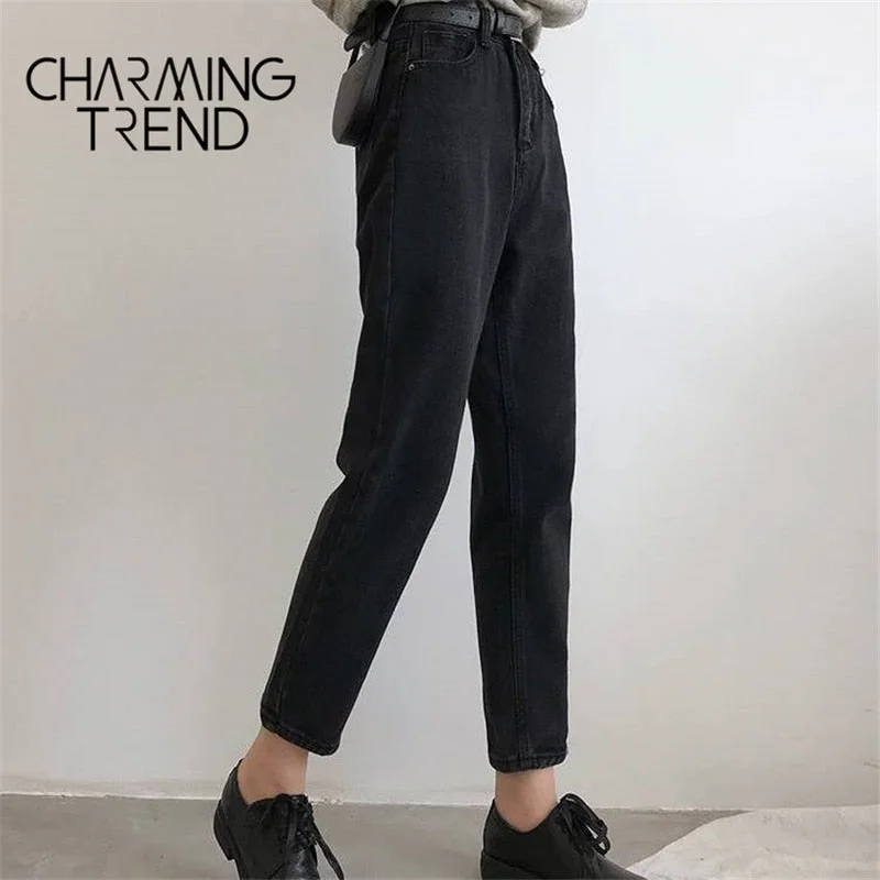 Women‘s Jeans Pant Black Korean Crop Jeans Girls Students Vintage Solid Long Pants Fit Female High Waist Denim Pants Women