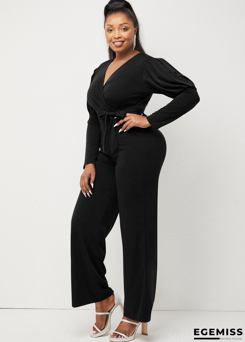 Autumn and Winter Solid Color V-neck Bubble Sleeve Personalized Casual Wide Leg Jumpsuit | EGEMISS