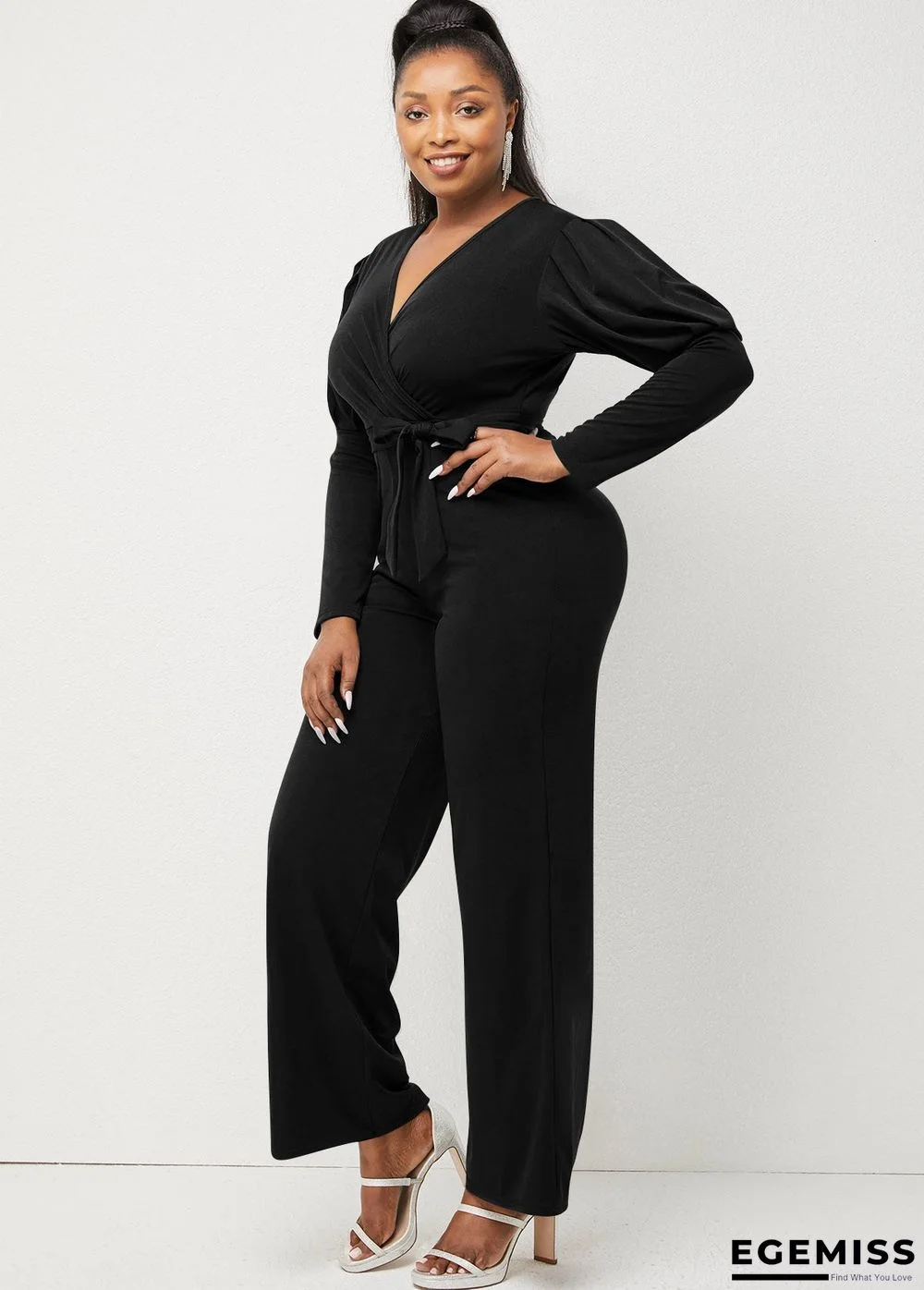 Autumn and Winter Solid Color V-neck Bubble Sleeve Personalized Casual Wide Leg Jumpsuit | EGEMISS