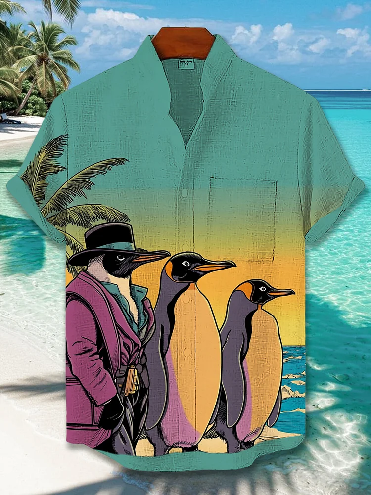 Men's Penguins on Vacation Print Short Sleeve Shirt