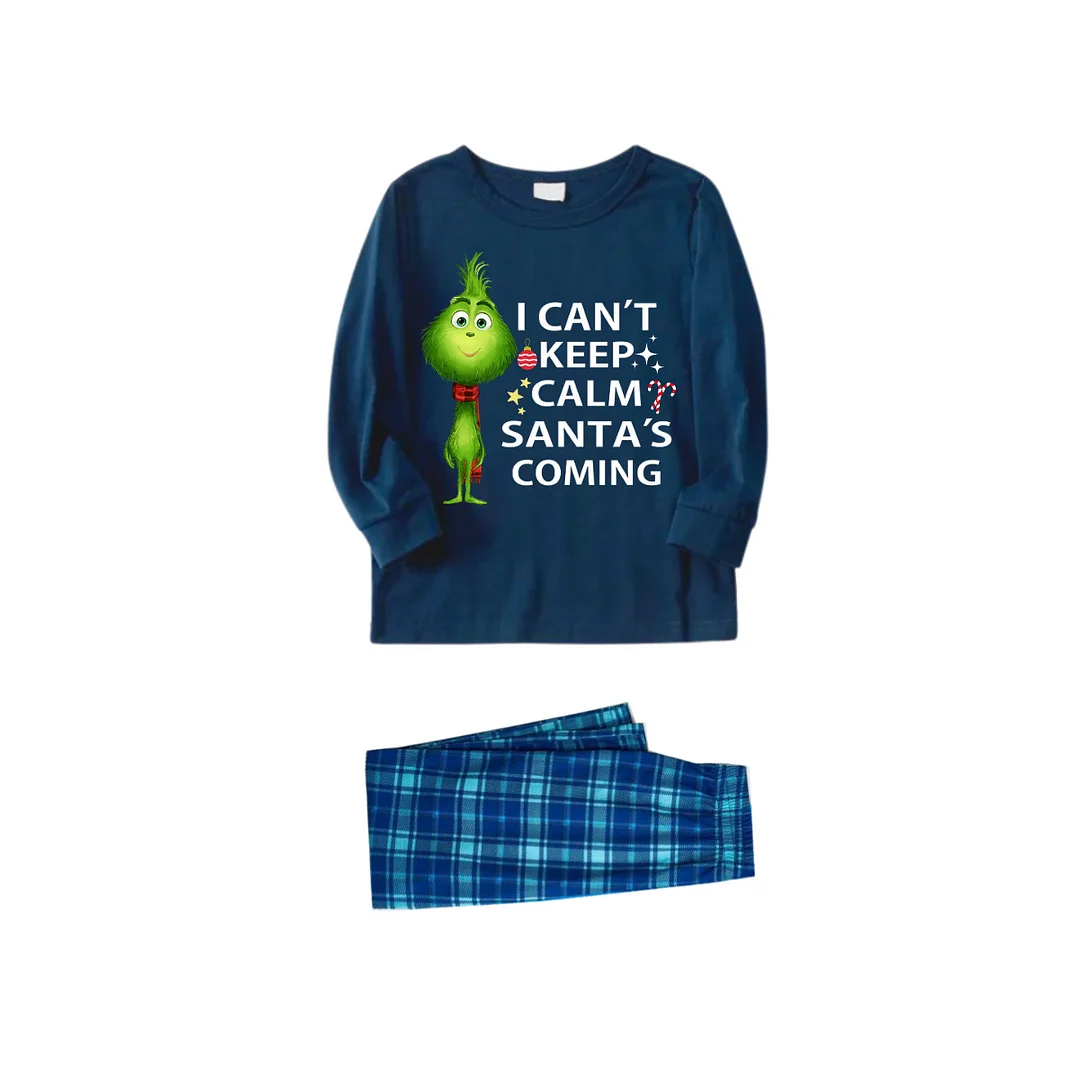 "I Can't Keep Calm, Santa's Coming" Slogan Printed Blue Plaid Christmas Matching Pajamas
