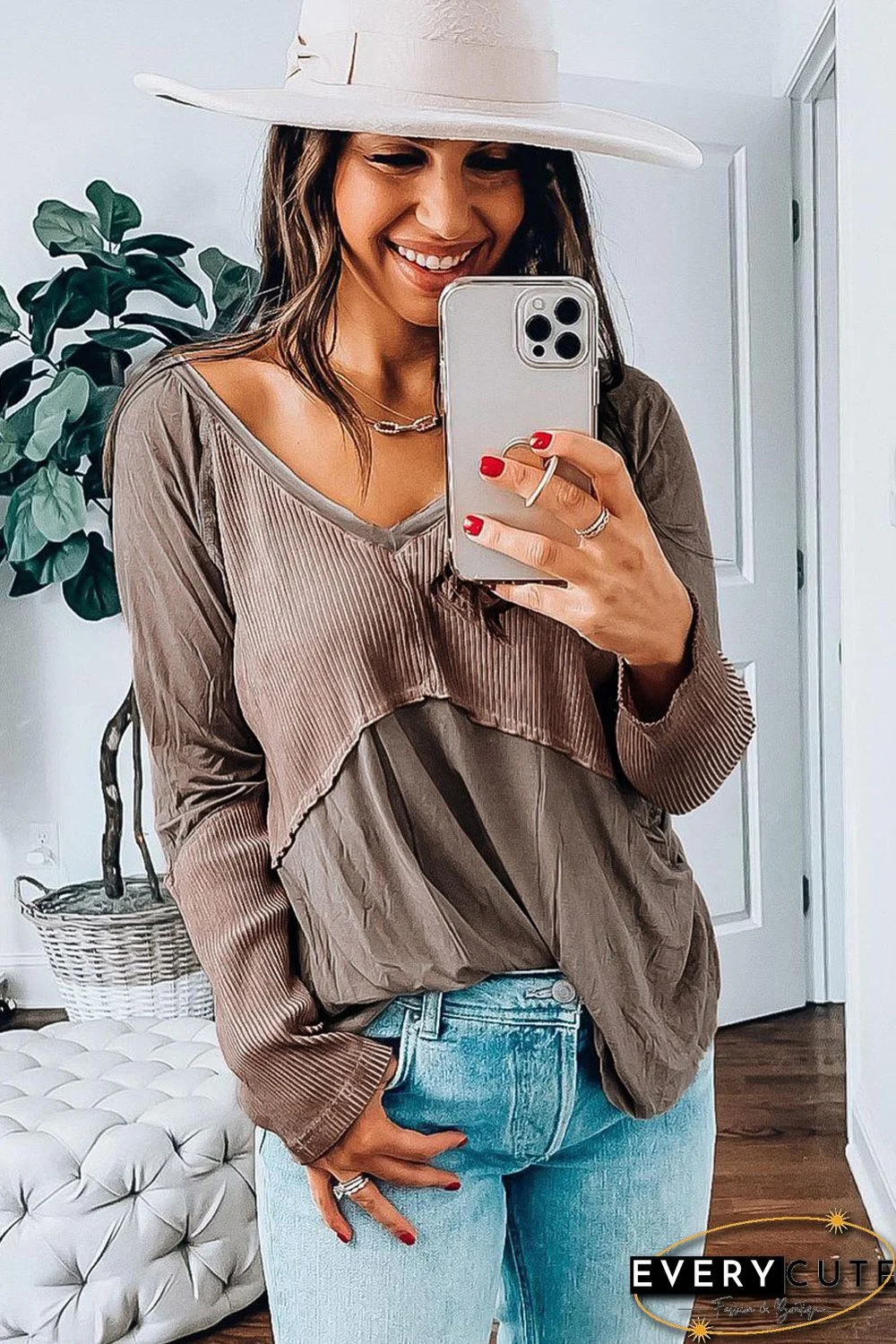 Khaki Ribbed Patchwork V Neck Long Sleeve Top