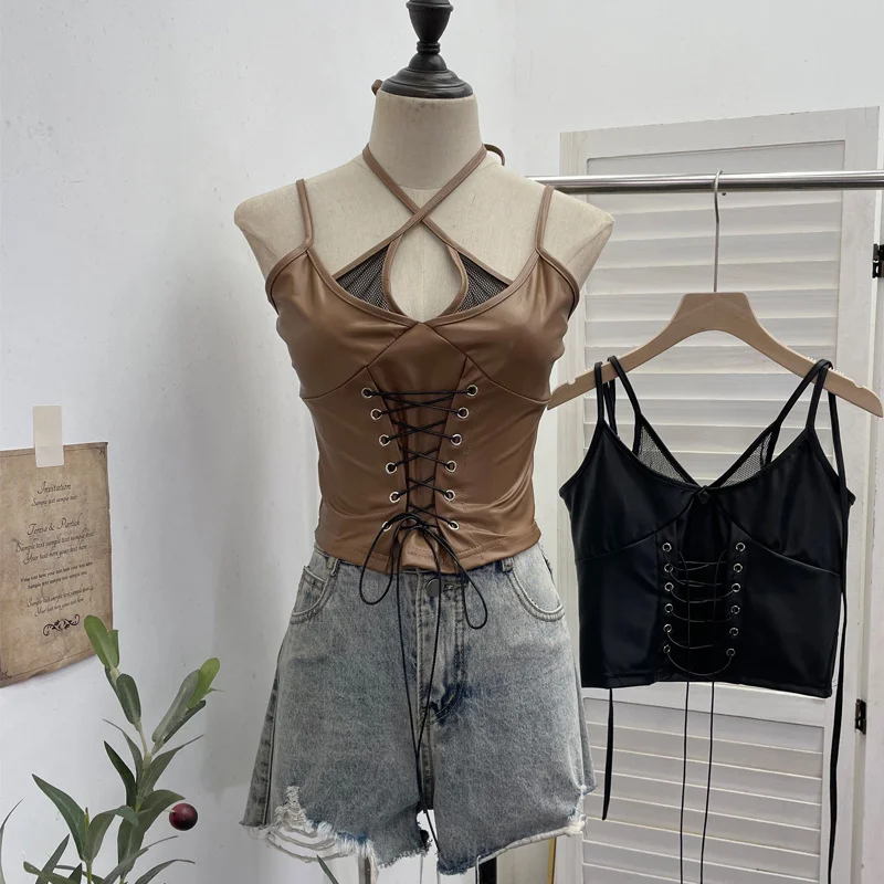 Nigikala Nigikala Shooting Locomotive Punk Pu Splicing Fishing Net Hanging Neck Sling Vest Babes Wearing Rope Repair Short Blouse 8106