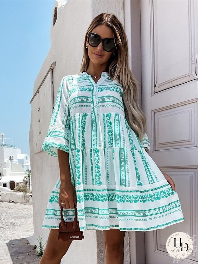 Casual Dress Midi Dress Blue Brown Green 3/4 Length Sleeve Striped Summer Spring Spring, Fall, Winter, Summer Casual Loose Fit S M L XL XXL XXXL for Women