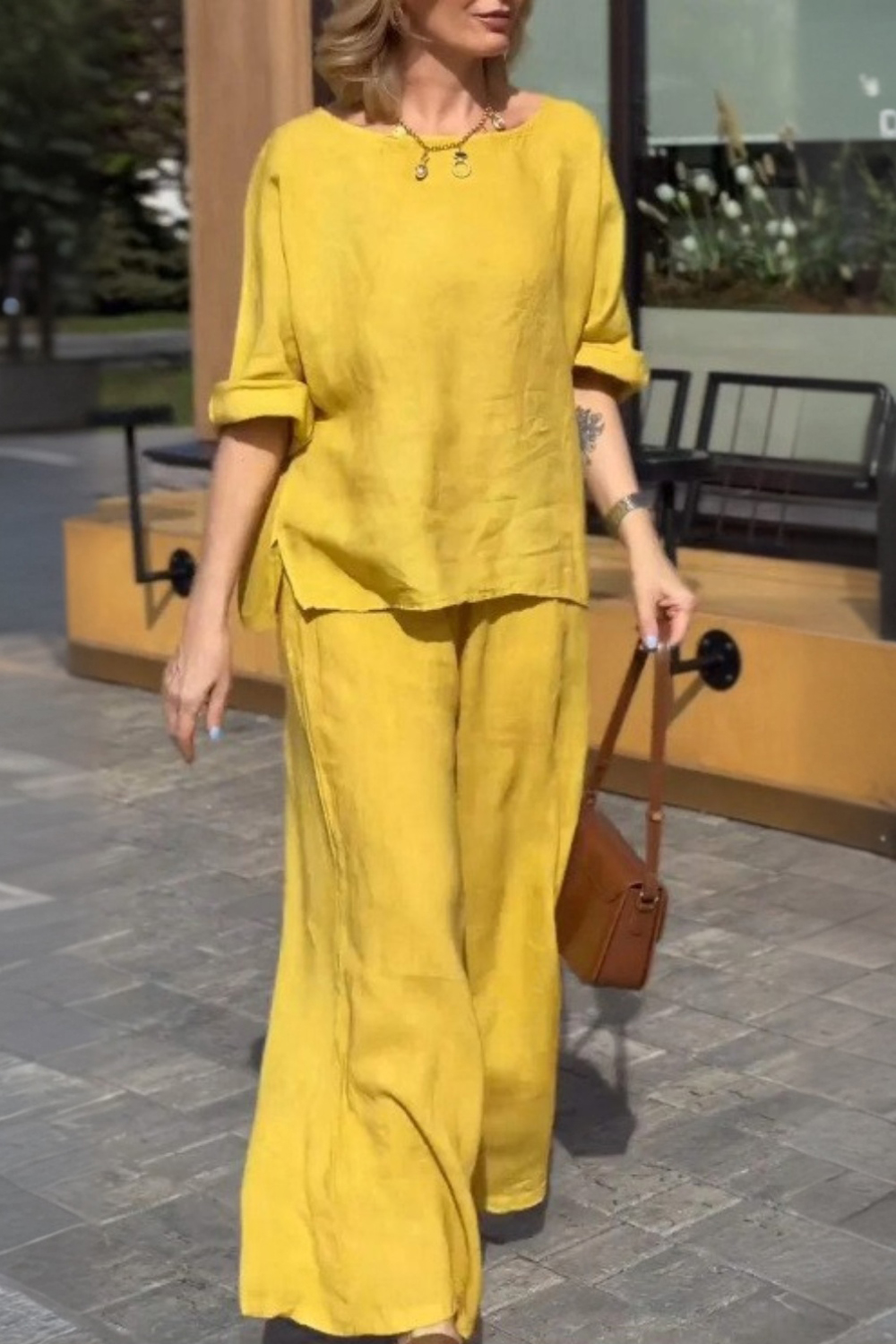 Plus Size Casual Yellow Cotton And Linen Short Sleeve Wide Leg Two Piece Pant Suit 2024 - Flycurvy 