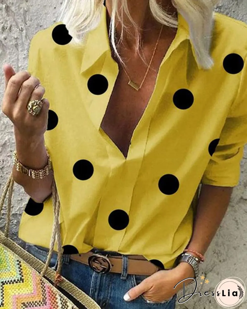 Polka Dot A Lapel Long Sleeve Blouse