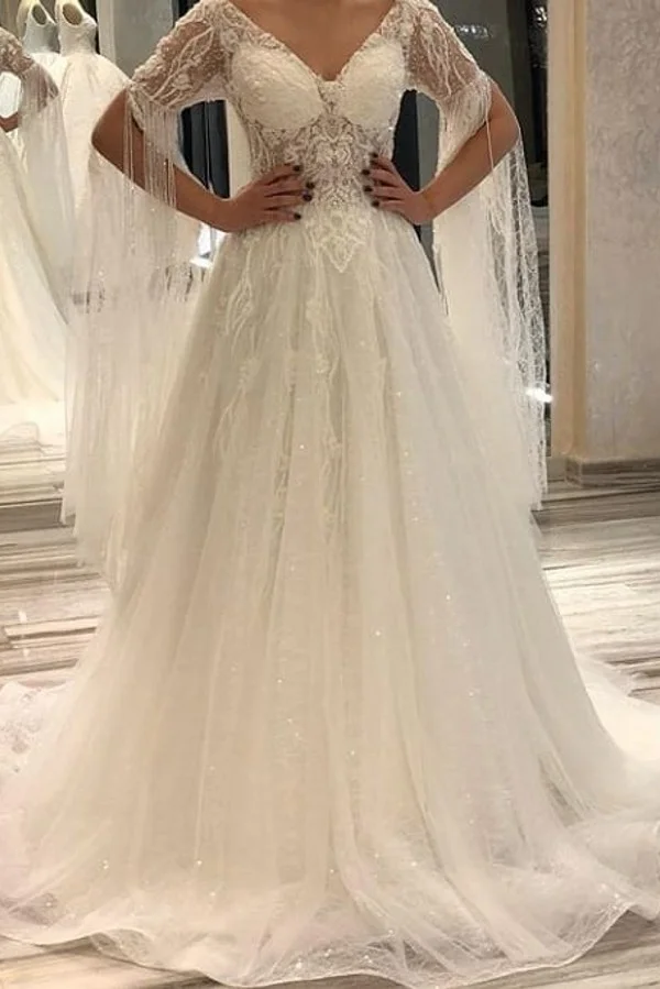 Daisda Elegant A-Line Deep V-neck Short Sleeves Backless Floor-length Wedding Dress With Appliques Lace Pearl