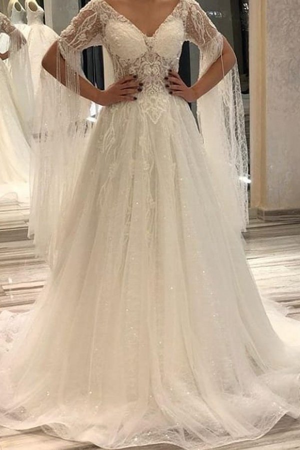 Charming Deep V-neck Short Sleeves Backless Floor-length A-Line Wedding Dress With Appliques Lace Pearl | Ballbellas Ballbellas