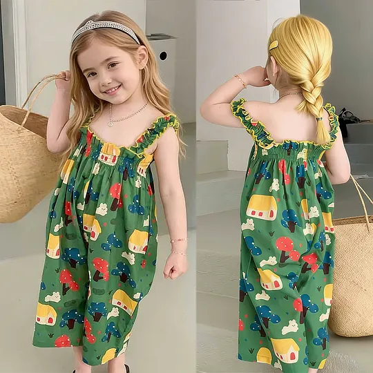 【18M-8Y】Girls' Cartoon Vintage Breathable Sweet Lace Trim Camisole Cropped Jumpsuit