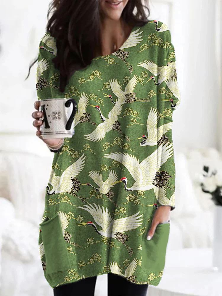 Cranes & Pine Trees Japanese Traditional Pattern Cozy Tunic