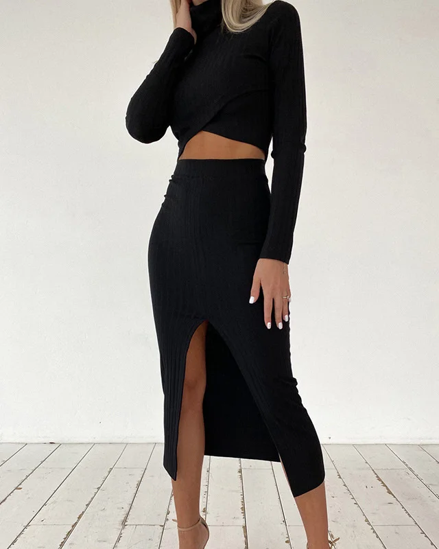 High-neck long-sleeved T-shirt high waist bag hip slit skirt casual suit