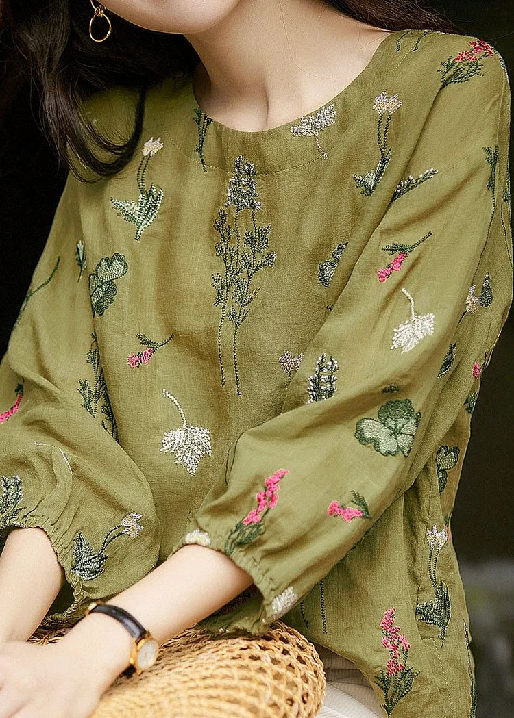 Chic Green O-Neck Embroideried Patchwork Cotton Tops Summer