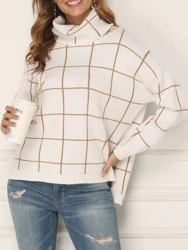 High neck loose knit sweater plaid  women