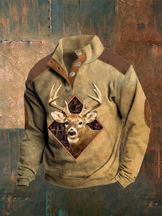 Men's Vintage Elk Flag Buttons Print Casual Sweatshirt