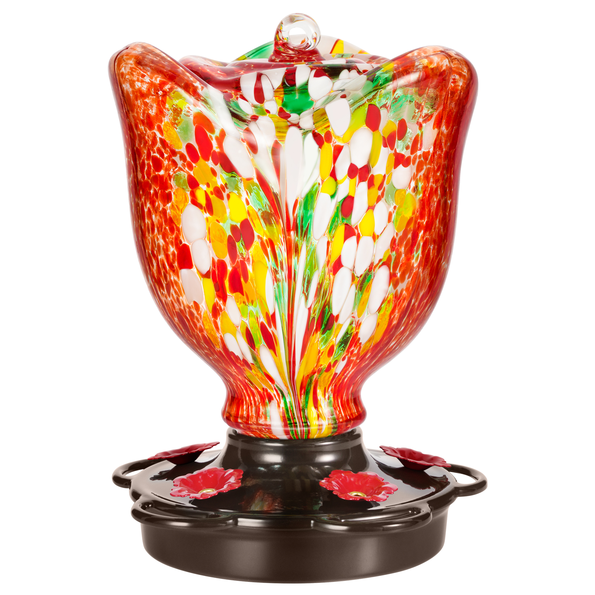 LUJOIN Rose Shaped Hummingbird Feeder for Outdoors Hanging, Hand Blown Glass, 25 fl.oz, Leak Proof & Rustproof, Includes an Ant Moat, Metal Cover with 5 Feeding Ports, Red