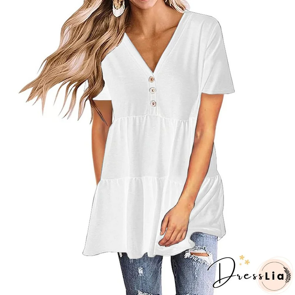 XS-8XL Spring Summer Tops Plus Size Fashion Clothes Women's Casual Short Sleeve Tee Shirts Ladies Solid Color V-neck Pleated Tops Button Stitching Patchwork Loose Cotton T-shirts