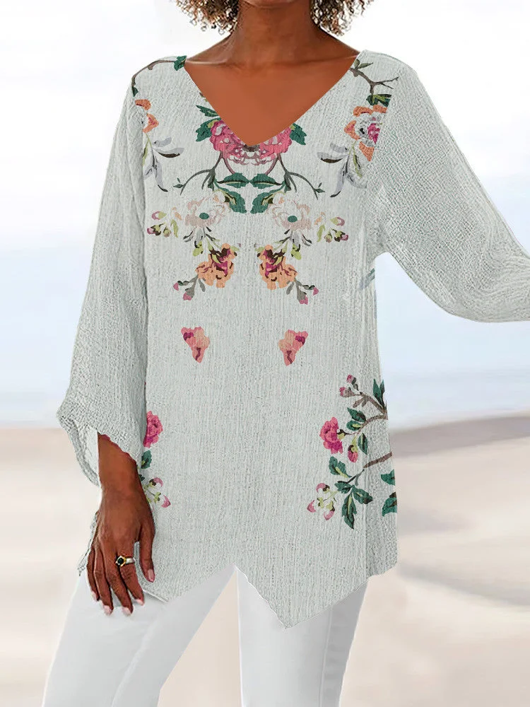 Women Asymmetrical 3/4 Sleeve V-neck Floral Printed Graphic Top Dress