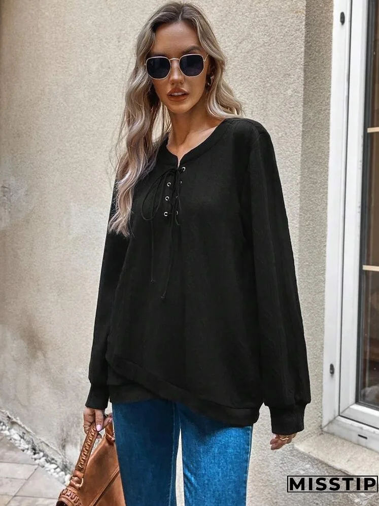 Lace Up Front Drop Shoulder Sweatshirt