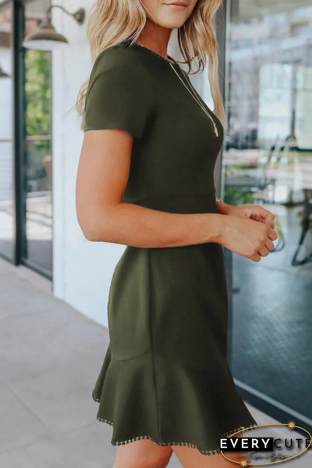 Green Tassel Ruffle Short Sleeve Mini Dress