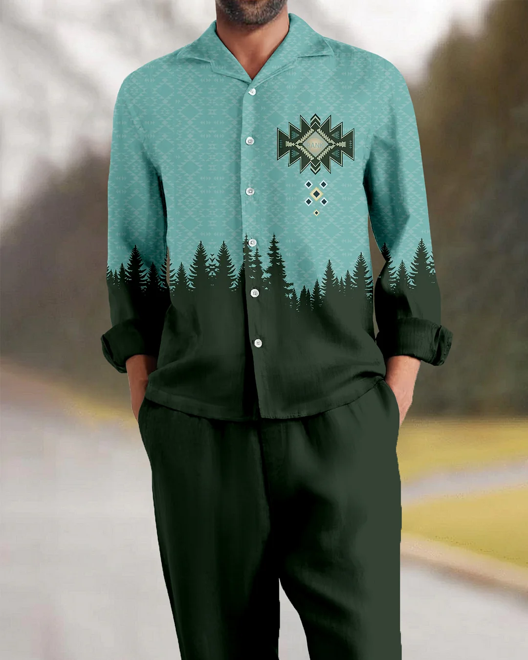Suitmens Men's Retro Forest Mountain Long Sleeve Walking Suits-0126