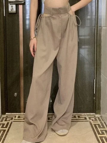 Pornhint KLALIEN high street casual female wide leg pant sexy hollow out bandage zipper high waiste solid wild loose trousers spring new