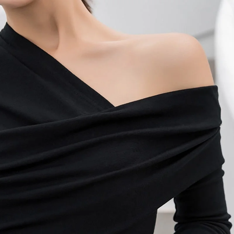 Tlbang Sexy Off Shoulder Asymmetric Women's T-shirts Tops Female Slim Long Sleeve Fashion Black Tshirt Autumn 2023