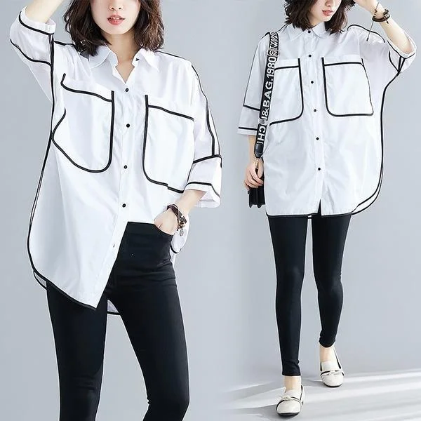 white cotton summer vintage korean style plus size Casual loose long shirt women blouse 2020 clothes ladies tops streetwear