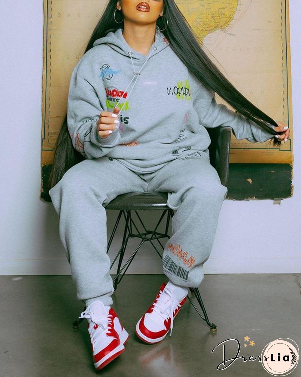 Letter Print Hooded Top & Pants Set P13221