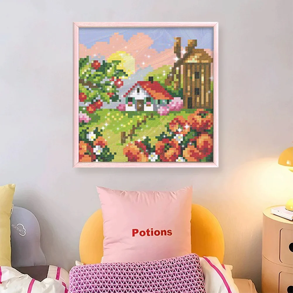 9CT Full Stamped Cross Stitch Bead Embroidery - Landscape Spring(Canvas|17*17CM)