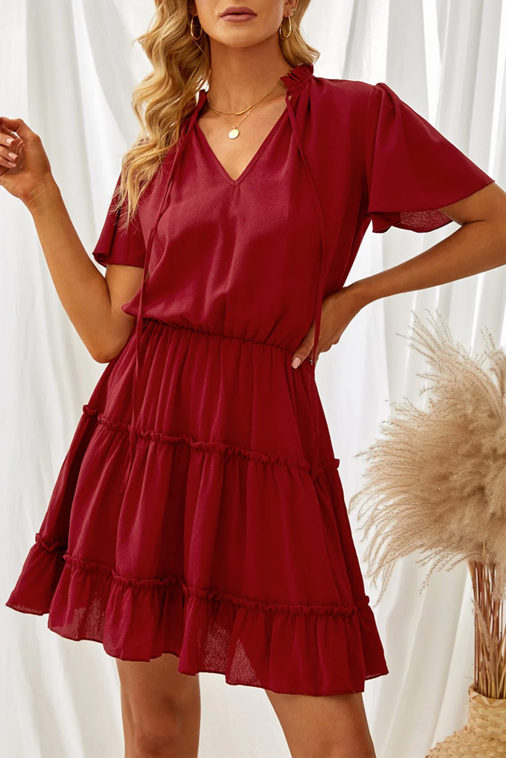 Wine Red V Neck Ruffled Swing Mini Dress | IFYHOME