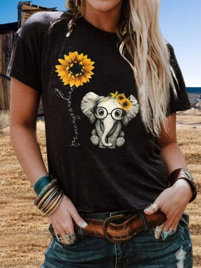 Vintage Short Sleeve Cute Sunflower Elephant Printed Plus Size Casual Tops