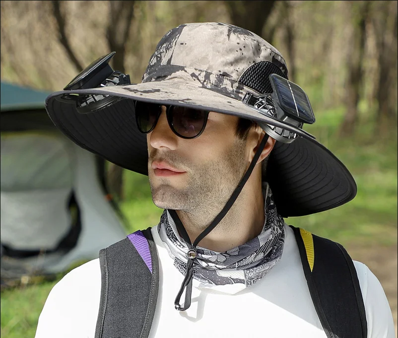 Wide Brim Solar Fan Outdoor Fishing Hat-Solar & USB Charging