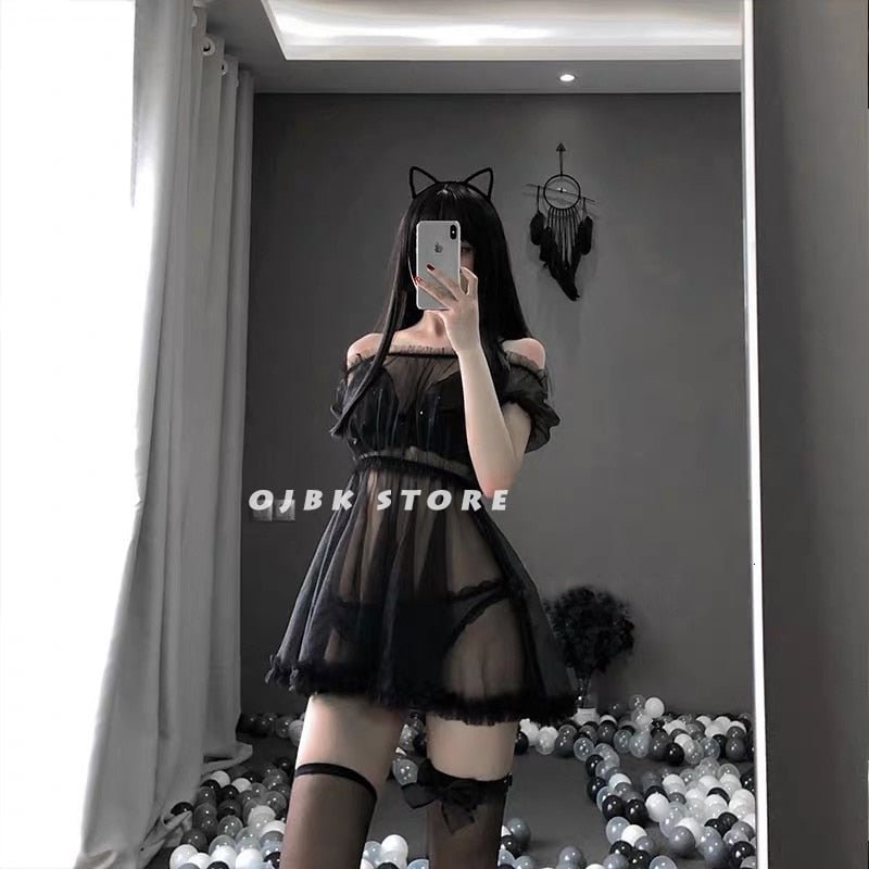 Lace Lingerie Black White Transparent Lovely Sexy Cute Princess Sleeping Nightdress Sleepwear Lolita Kawaii Chiffon Dress