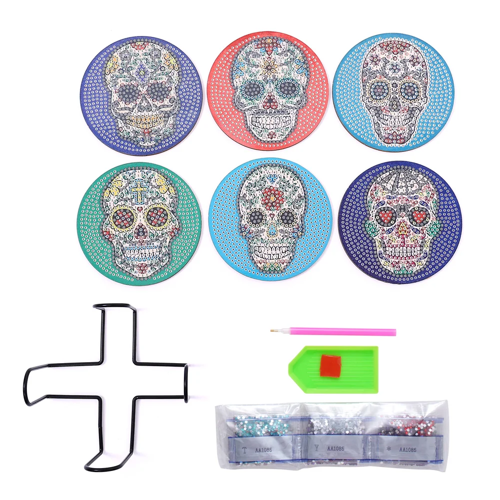 6pcs/set Skull DIY Diamond Painting Coaster Round Cup Cushion Home Decor
