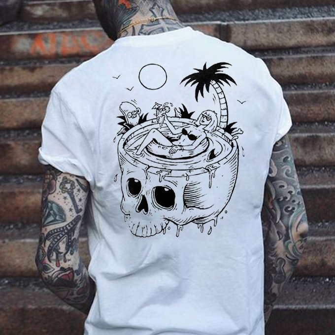 Skull Swimming Pool Coconut Tree Print T-shirt - Krazyskull