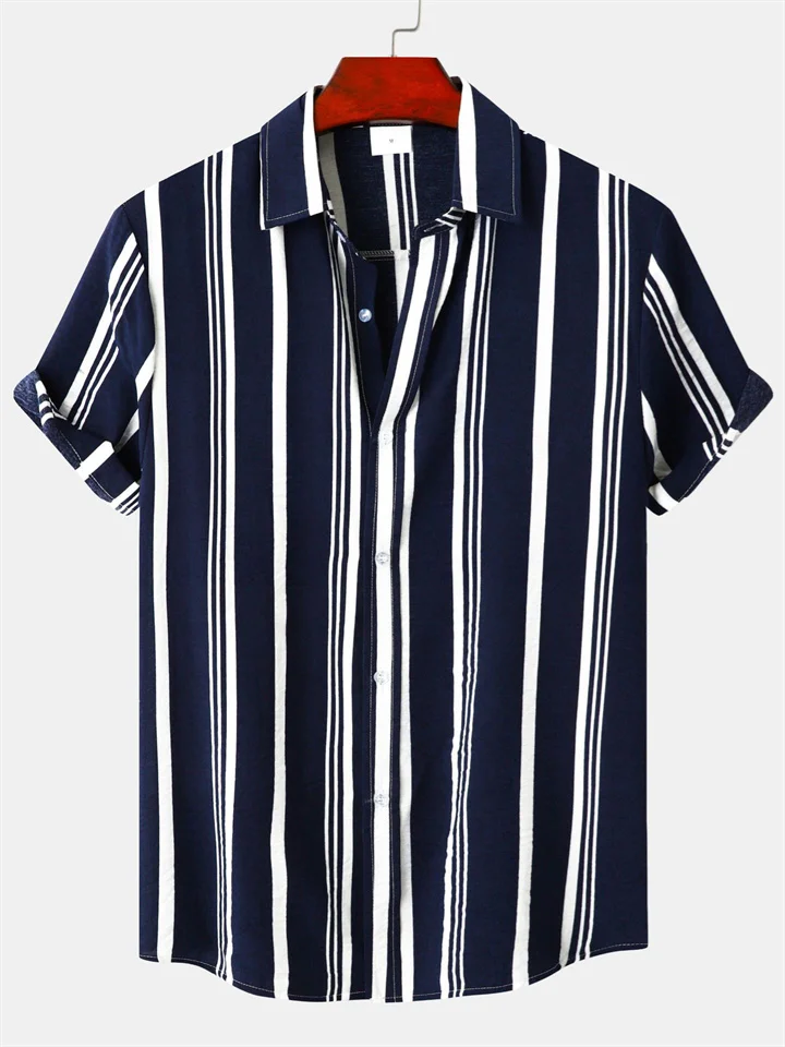 Men's Spring and Summer New Men's Shirts Men's Casual Striped Color Blocking Printing Lapel Short-sleeved Shirt Shirt