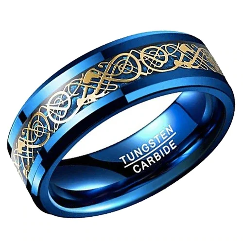 6MM 8MM Women or Men's Tungsten Carbide Wedding Blue Celtic Dragon Knot Wedding Bands Blue and Gold Resin Inlay