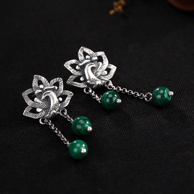 990 Sterling Silver Malachite Phoenix Peony Flower Bead Protection Drop Earrings
