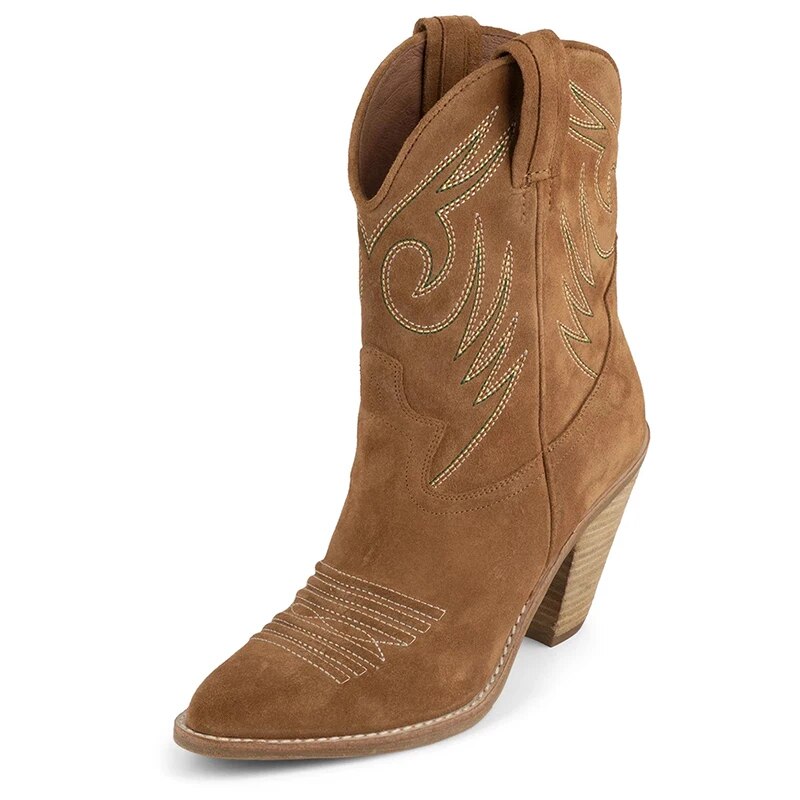 TAAFO Sepia Suede Pointed Cowboy Boots Block Heel Block Heeled Calf Boots 