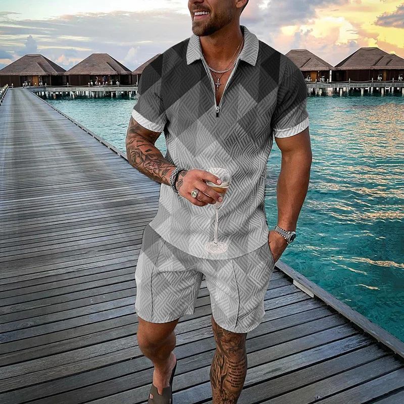 Men's Geometric Gradient Short Sleeved Polo Shirt And Short Co-Ord