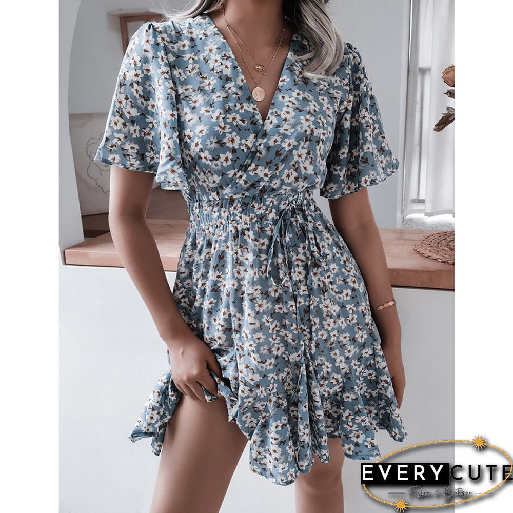 Light Blue Pleated Ruffle Detail V Neck Floral Dress