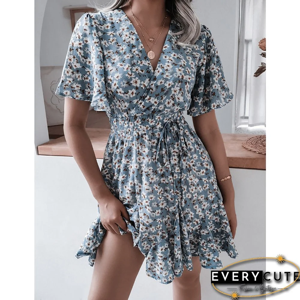Light Blue Pleated Ruffle Detail V Neck Floral Dress