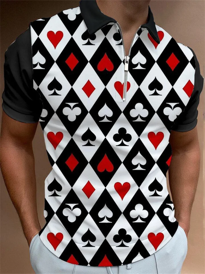 Men's 3D Poker Pattern 3D Printing Zipper Polo Shirt 3D Digital Printing Short Sleeve Loose Lapel Polo Shirt