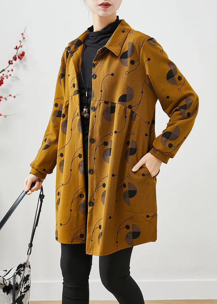 Casual Yellow Oversized Print Cotton Coats Spring