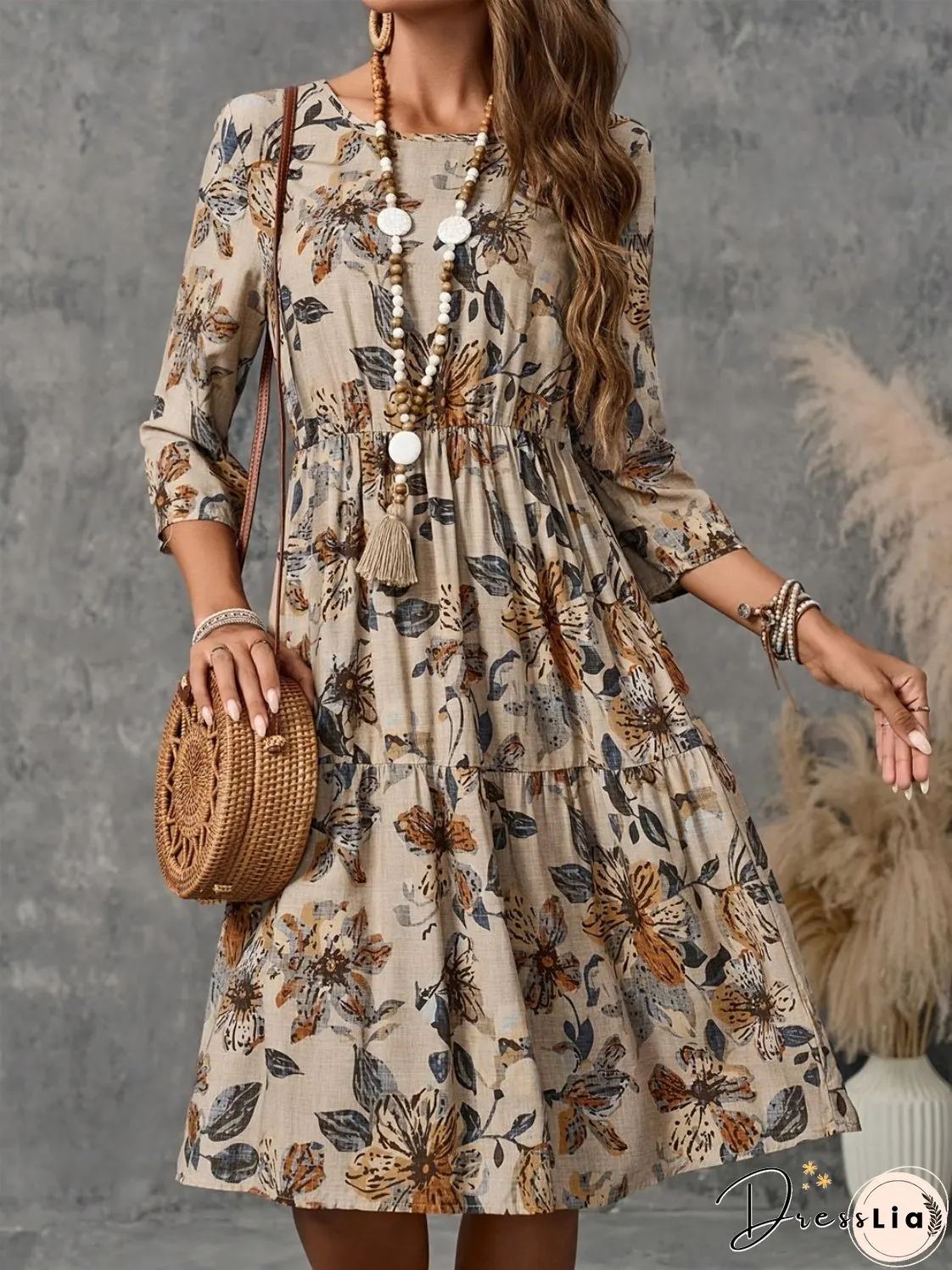 Printed Round Neck Three-Quarter Sleeve Dress