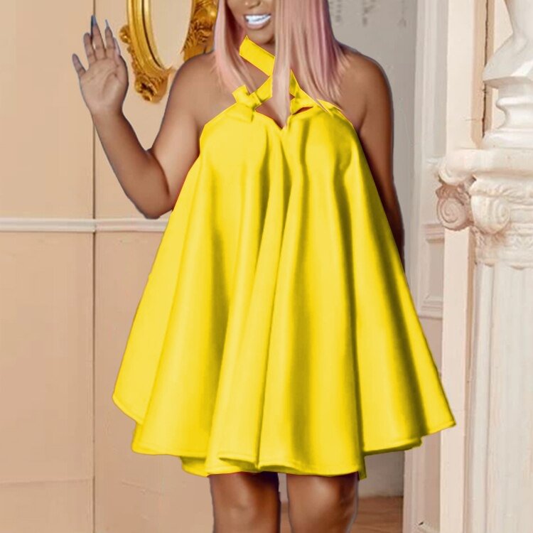 QJONG Women Halter Pleated Party Dress Sexy Backless Summer Cute Loose Ball Oversized Ruffle Mini Sweet Club Birthday Evening Clubwear