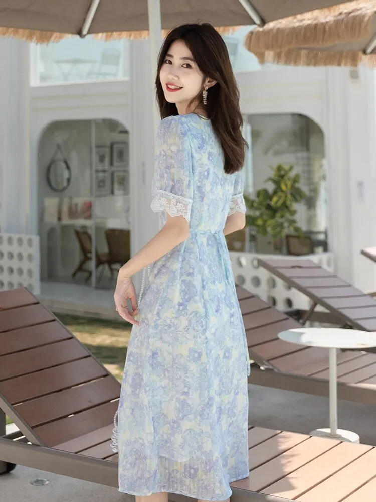Women's 2021 Summer V Neck Short Sleeve Slim Pullover Dress  Vintage Print High Waist A Line Vestidos Robe