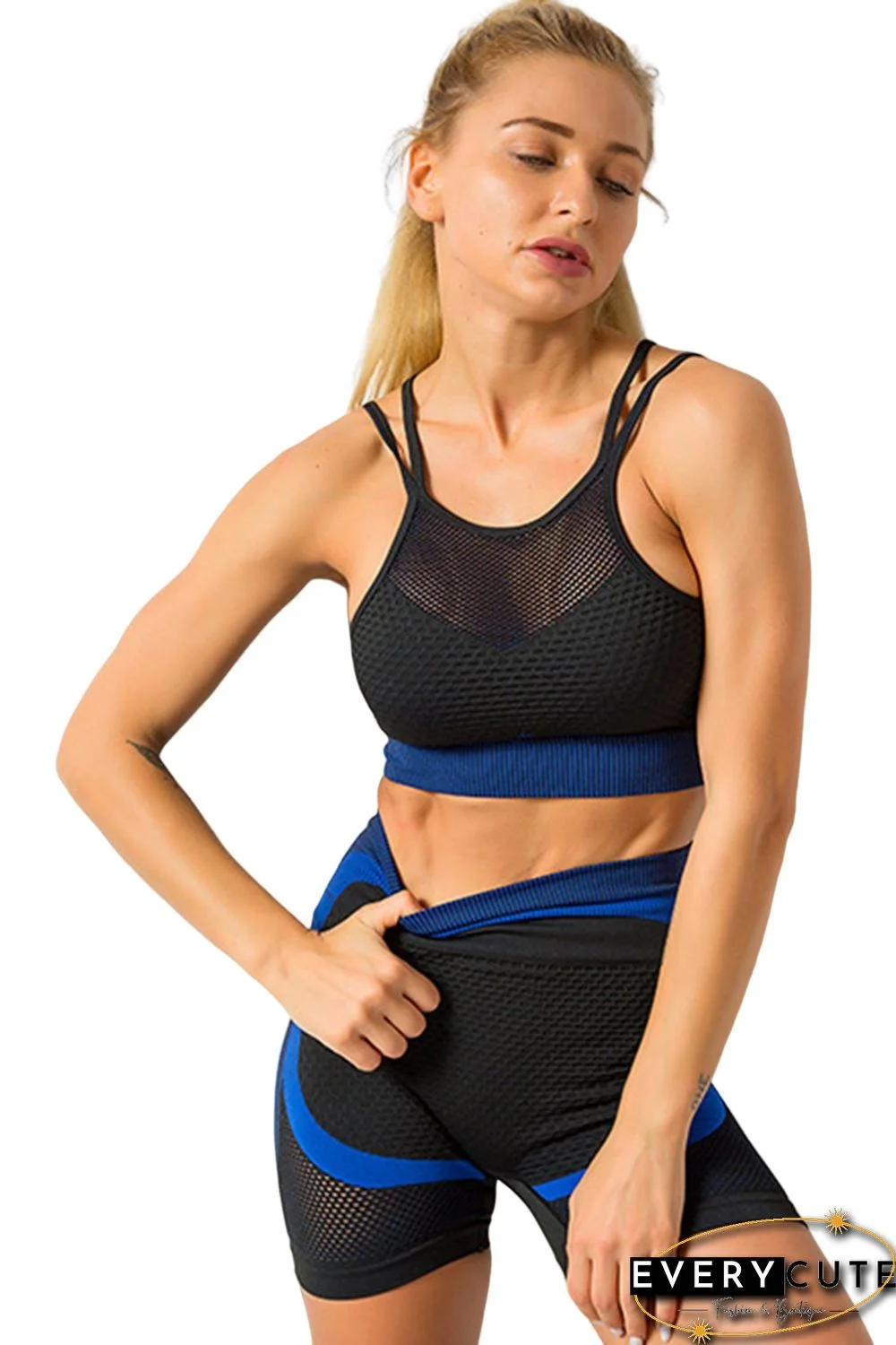 Sky Blue Breathable Mesh Gym Crop Top & Shorts Sports Set