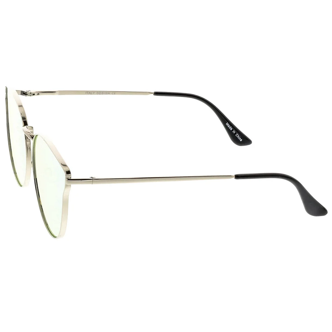 Premium Metal Cat Eye Sunglasse With Slim Arms And Round Colored Mirror Flat Lens 54mm