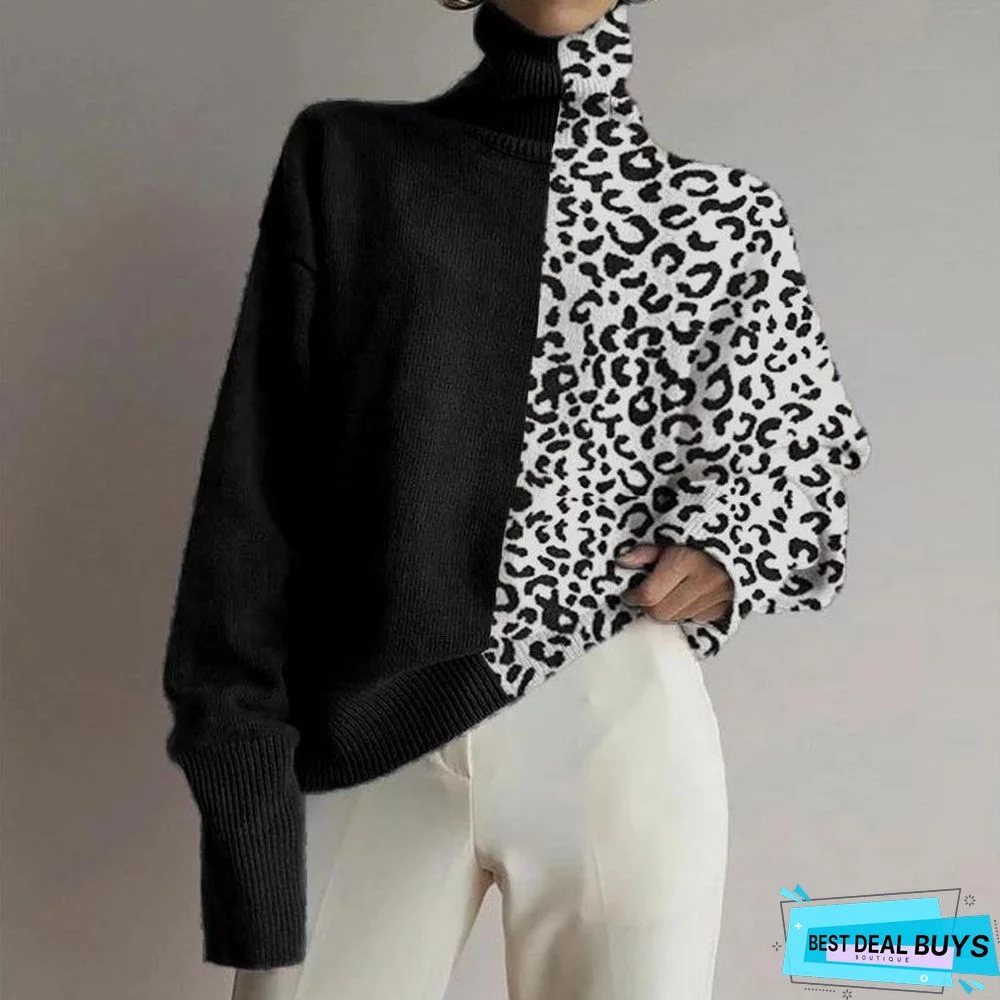 Fashionable Loose High Collar Leopard Stitching Sweater